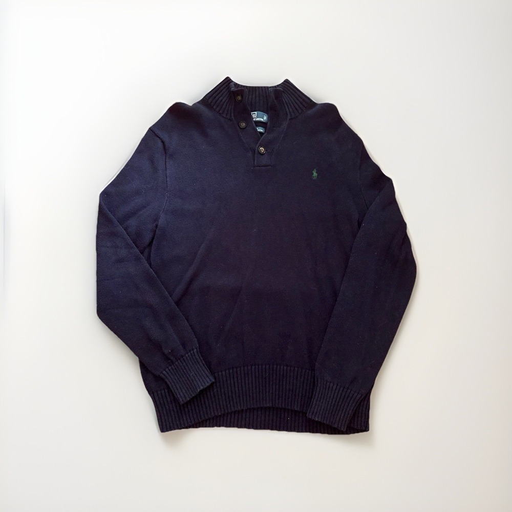Polo Ralph Lauren Men's Navy Blue M Mock Neck Button Knit Sweater Sz L